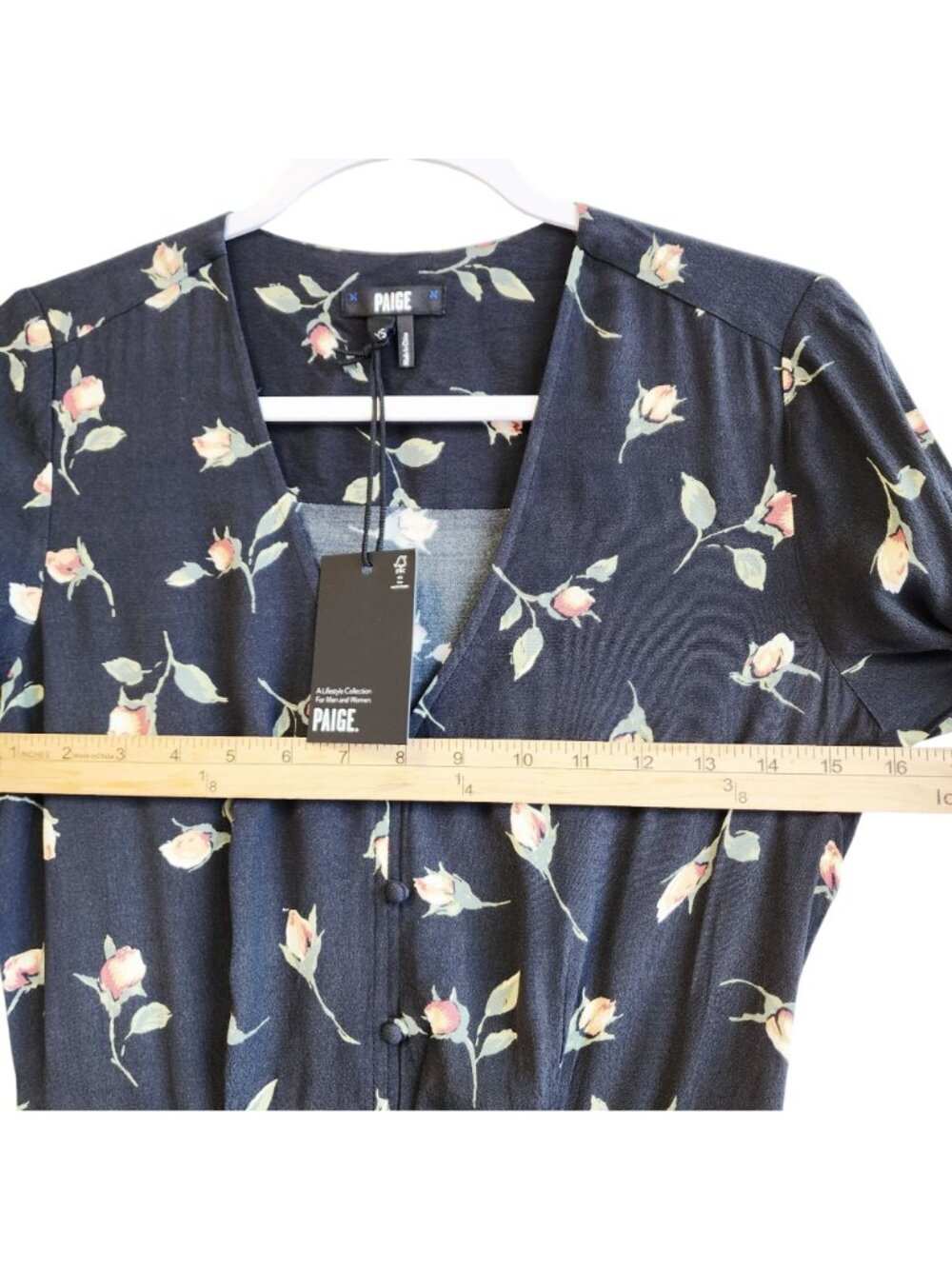 Paige Floral Print Midi Casual Dress Ruched Sleeves V-Neckline Navy Size XS  New - Picture 7 of 12